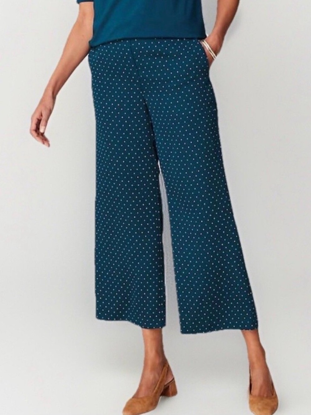 J. Jill Wearever Teal Wide-Leg Cropped Polka Dot Pants, L